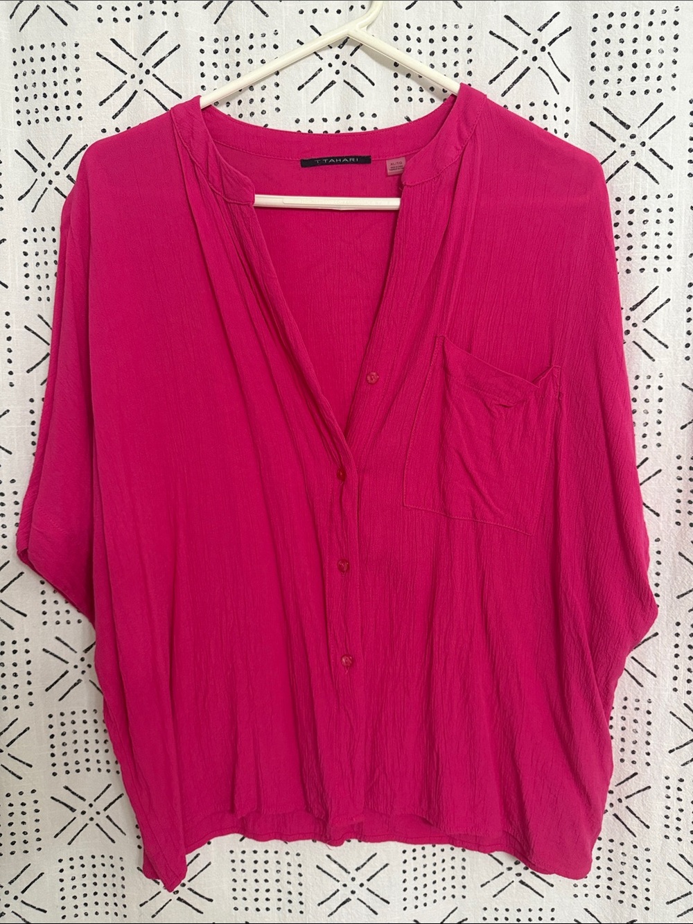 T Tahari Vibrant Fuchsia Button-Front Draped Blouse